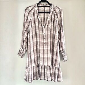 Free People Beige Plaid Red Moon Gauze Tunic Mini Dress Boho